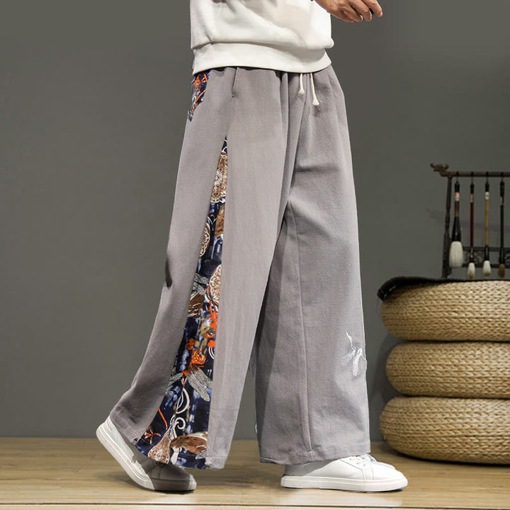 Pantalon large en coton et lin pour homme avec poches et broderies Buddha Stones et grue - Gris clair - US/UK/AU46，EU56 (5XL) - image 22