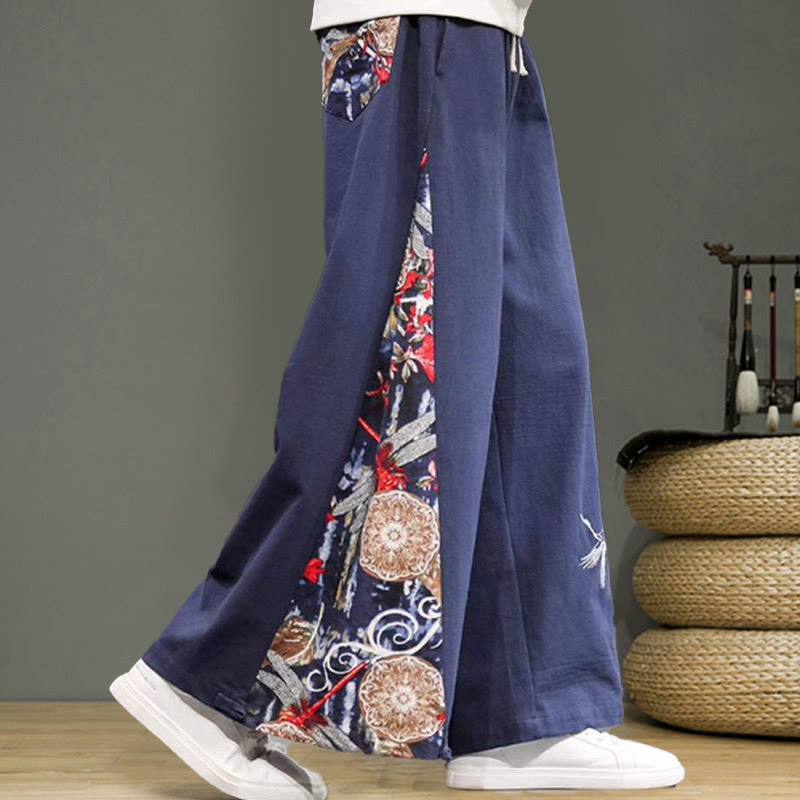 Pantalon large en coton et lin pour homme avec poches et broderies Buddha Stones et grue - image 7