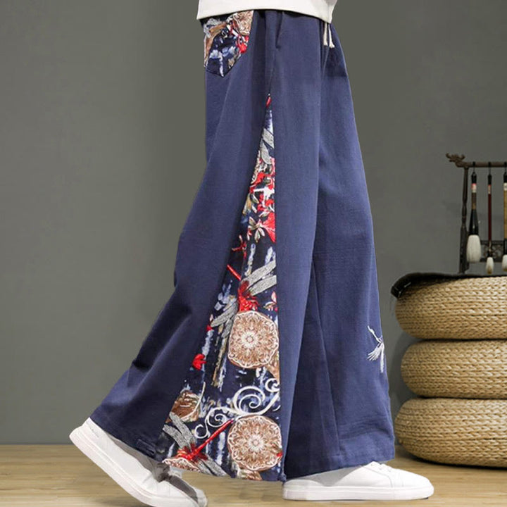 Pantalon large en coton et lin pour homme avec poches et broderies Buddha Stones et grue - image 7