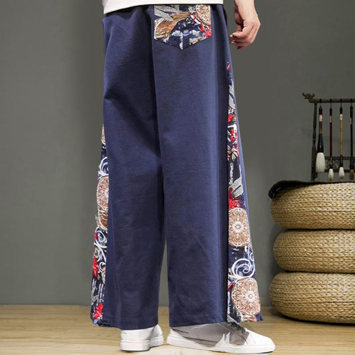 Pantalon large en coton et lin pour homme avec poches et broderies Buddha Stones et grue - image 5