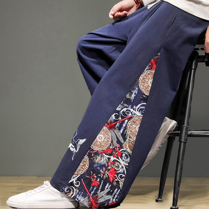 Pantalon large en coton et lin pour homme avec poches et broderies Buddha Stones et grue - image 8