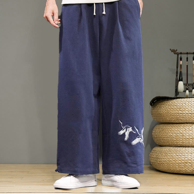 Pantalon large en coton et lin pour homme avec poches et broderies Buddha Stones et grue - image 3