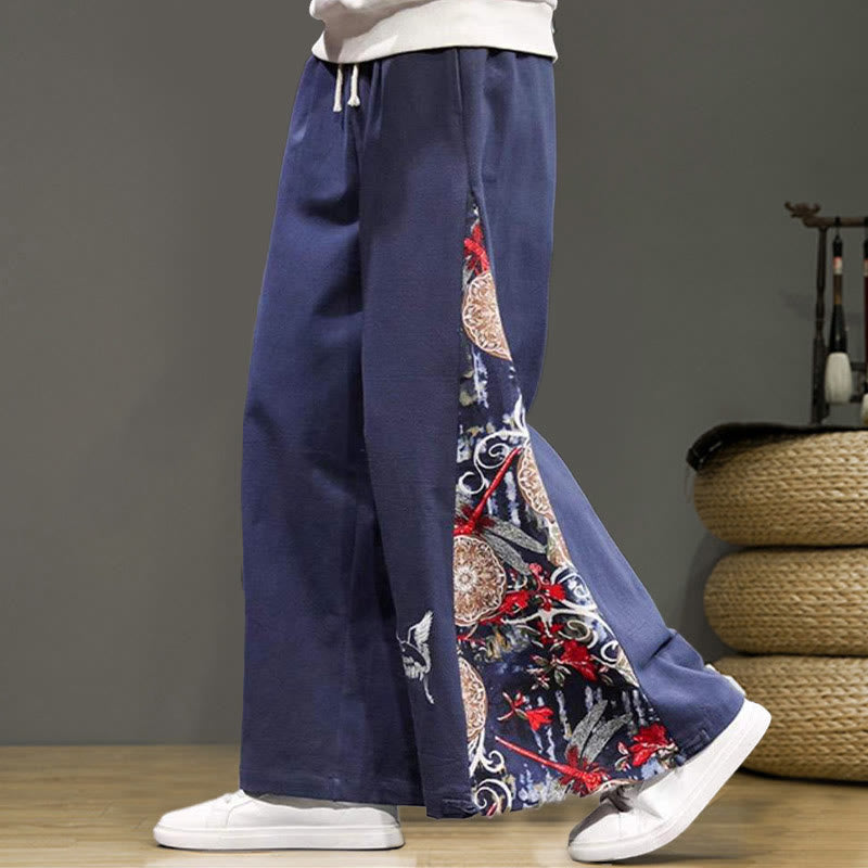 Pantalon large en coton et lin pour homme avec poches et broderies Buddha Stones et grue - image 1