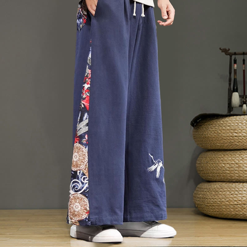 Pantalon large en coton et lin pour homme avec poches et broderies Buddha Stones et grue - image 4