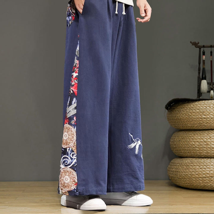 Pantalon large en coton et lin pour homme avec poches et broderies Buddha Stones et grue - image 4