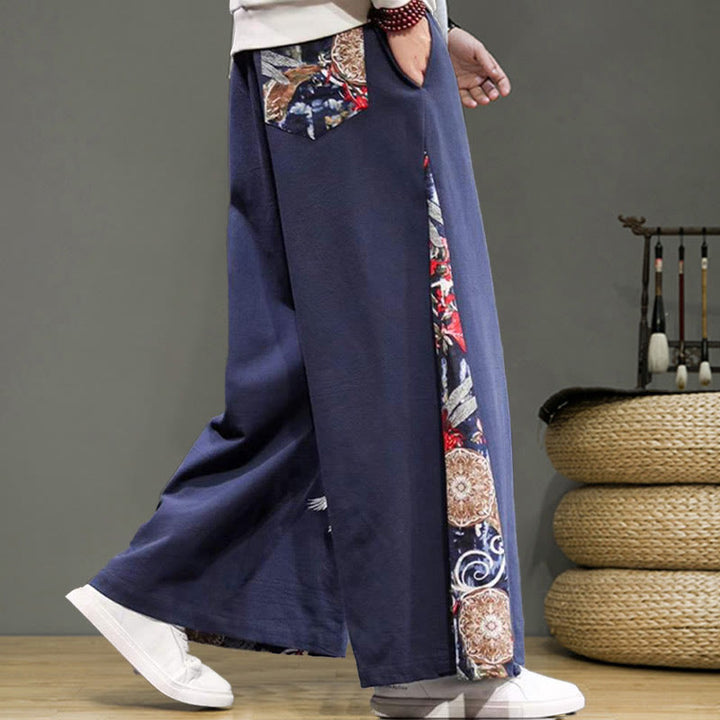 Pantalon large en coton et lin pour homme avec poches et broderies Buddha Stones et grue - image 6