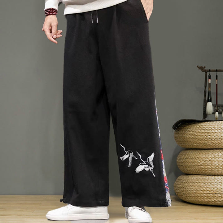 Pantalon large en coton et lin pour homme avec poches et broderies Buddha Stones et grue - image 10