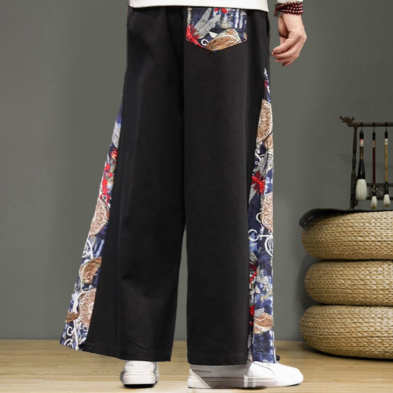 Pantalon large en coton et lin pour homme avec poches et broderies Buddha Stones et grue - image 12