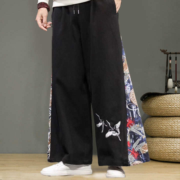 Pantalon large en coton et lin pour homme avec poches et broderies Buddha Stones et grue - image 11