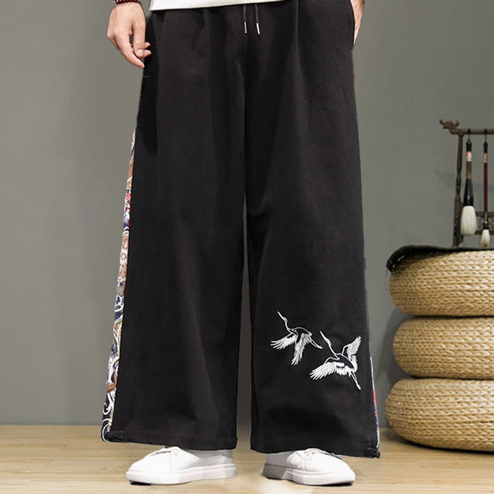 Pantalon large en coton et lin pour homme avec poches et broderies Buddha Stones et grue - image 14