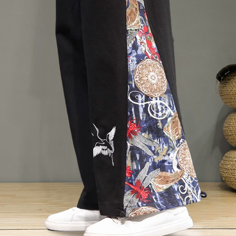 Pantalon large en coton et lin pour homme avec poches et broderies Buddha Stones et grue - image 20