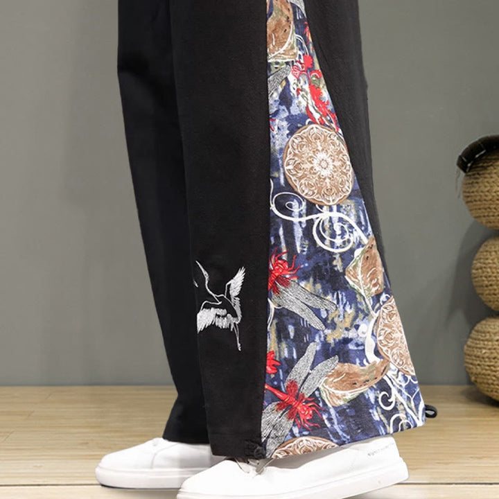 Pantalon large en coton et lin pour homme avec poches et broderies Buddha Stones et grue - image 20