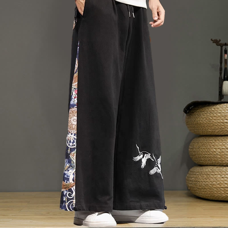 Pantalon large en coton et lin pour homme avec poches et broderies Buddha Stones et grue - image 15