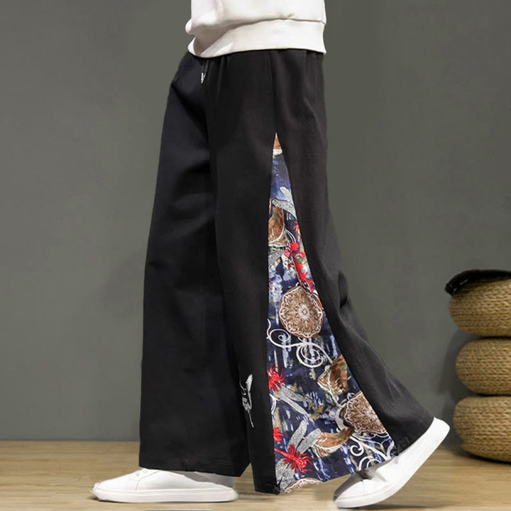Pantalon large en coton et lin pour homme avec poches et broderies Buddha Stones et grue - image 17