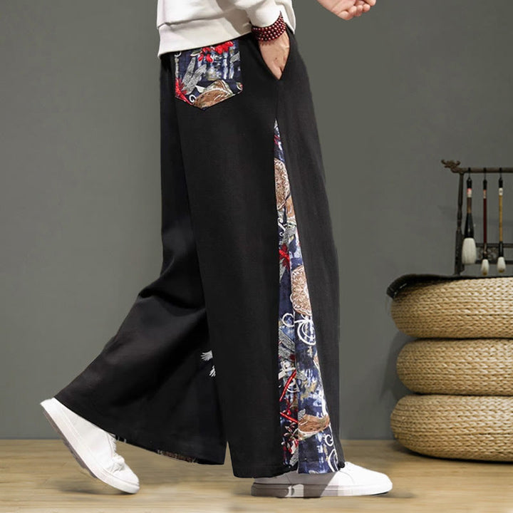 Pantalon large en coton et lin pour homme avec poches et broderies Buddha Stones et grue - image 16