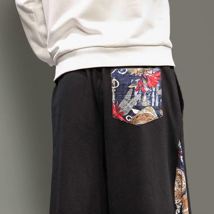 Pantalon large en coton et lin pour homme avec poches et broderies Buddha Stones et grue - image 19