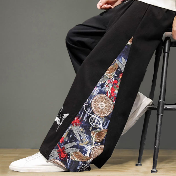 Pantalon large en coton et lin pour homme avec poches et broderies Buddha Stones et grue - image 13