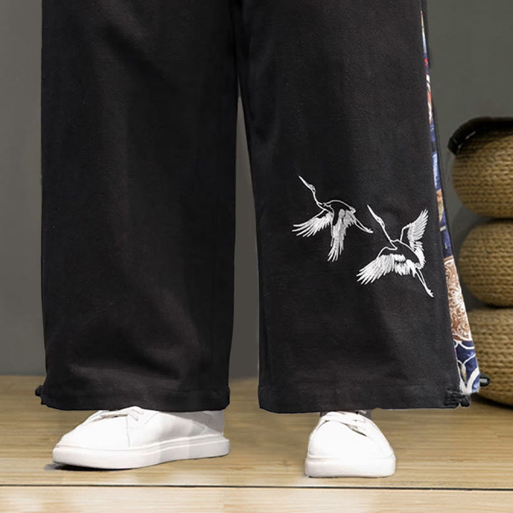 Pantalon large en coton et lin pour homme avec poches et broderies Buddha Stones et grue - image 21