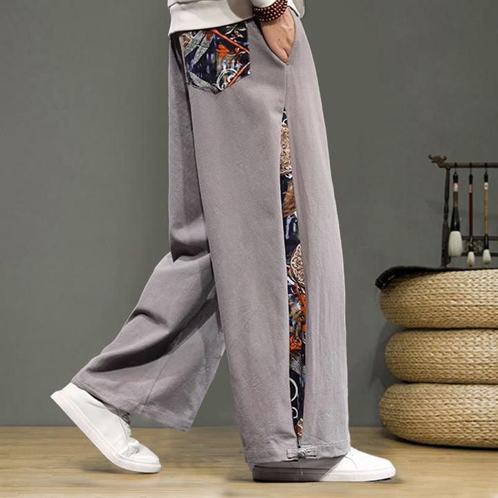Pantalon large en coton et lin pour homme avec poches et broderies Buddha Stones et grue - image 28