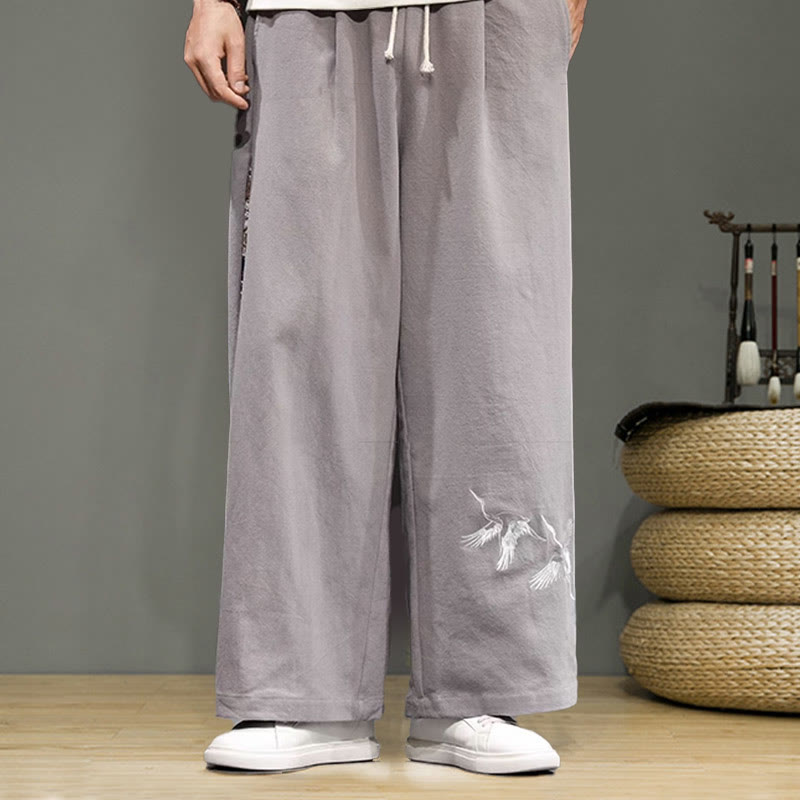 Pantalon large en coton et lin pour homme avec poches et broderies Buddha Stones et grue - image 27