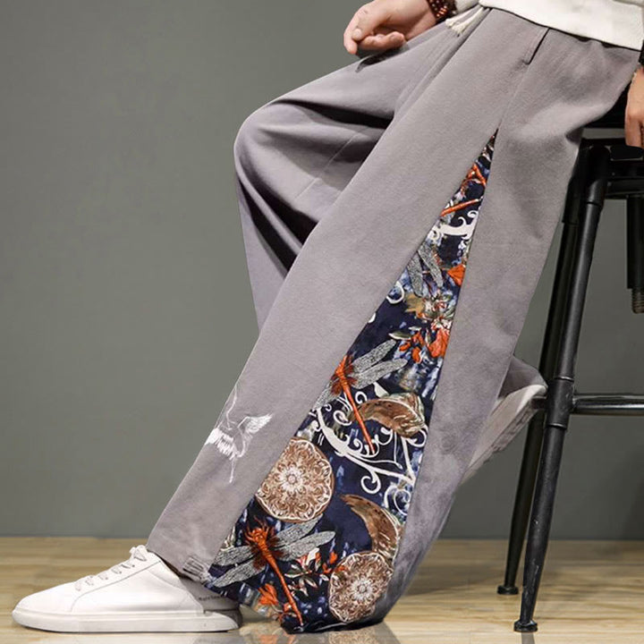 Pantalon large en coton et lin pour homme avec poches et broderies Buddha Stones et grue - image 30