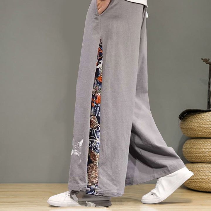 Pantalon large en coton et lin pour homme avec poches et broderies Buddha Stones et grue - image 23