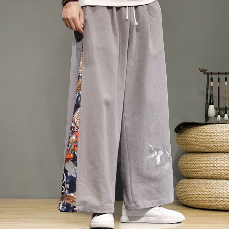 Pantalon large en coton et lin pour homme avec poches et broderies Buddha Stones et grue - image 24