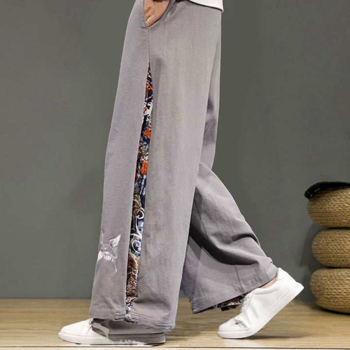 Pantalon large en coton et lin pour homme avec poches et broderies Buddha Stones et grue - image 26