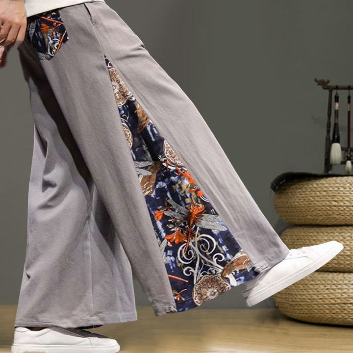Pantalon large en coton et lin pour homme avec poches et broderies Buddha Stones et grue - image 29