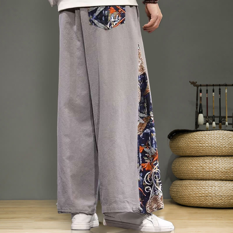 Pantalon large en coton et lin pour homme avec poches et broderies Buddha Stones et grue - image 25