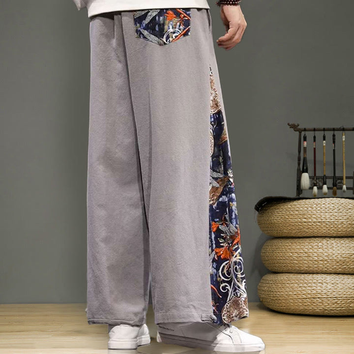 Pantalon large en coton et lin pour homme avec poches et broderies Buddha Stones et grue - image 25
