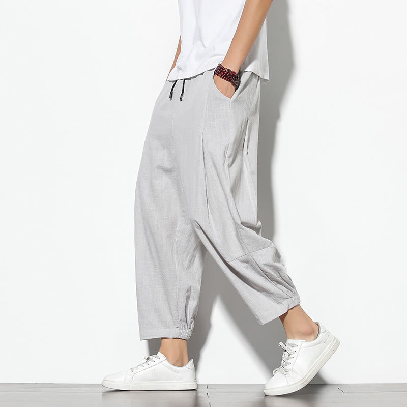 Pantalon carotte d'été Buddha Stones pour homme, longueur 7-8, en coton et lin, avec poches - Gris clair - US/UK/AU46，EU56 (5XL) - image 3