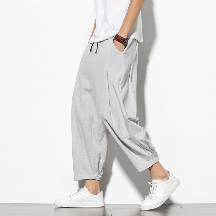 Pantalon carotte d'été Buddha Stones pour homme, longueur 7-8, en coton et lin, avec poches - Gris clair - US/UK/AU46，EU56 (5XL) - image 3