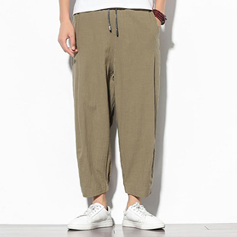 Pantalon carotte d'été Buddha Stones pour homme, longueur 7-8, en coton et lin, avec poches - image 1