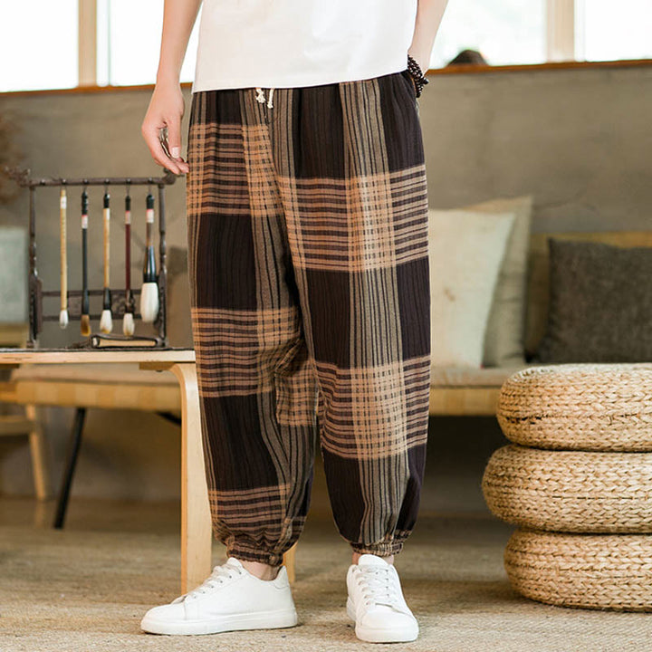Pantalon sarouel d'été en coton et lin à carreaux et rayures Buddha Stones pour homme avec poches - image 3