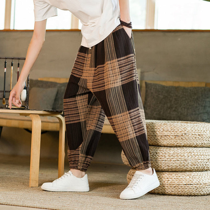 Pantalon sarouel d'été en coton et lin à carreaux et rayures Buddha Stones pour homme avec poches - Tanné - US/UK/AU46，EU56 (5XL) - image 1