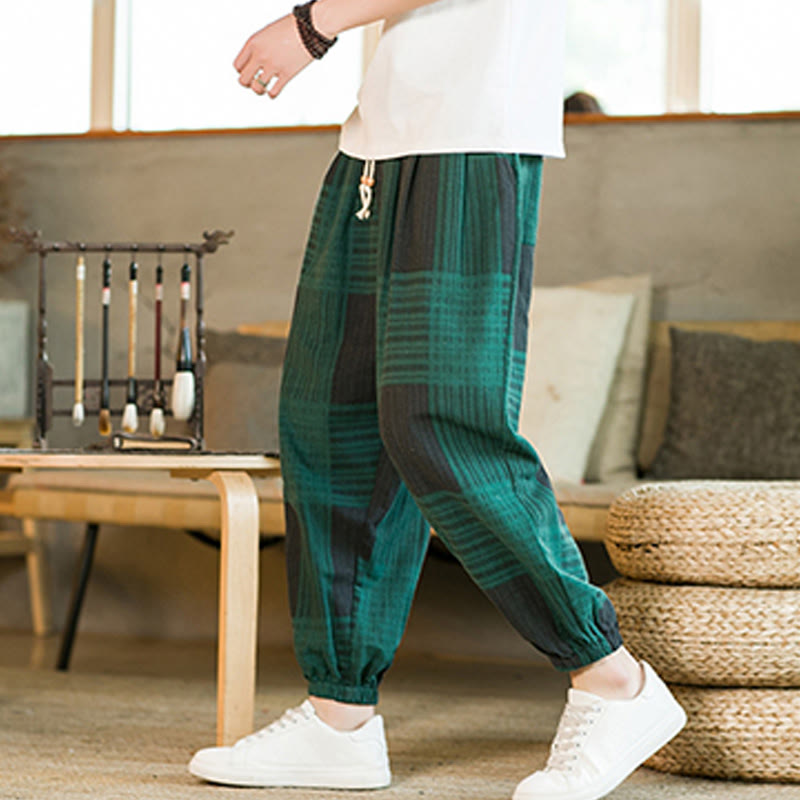 Pantalon sarouel d'été en coton et lin à carreaux et rayures Buddha Stones pour homme avec poches - Vert - US/UK/AU46，EU56 (5XL) - image 10