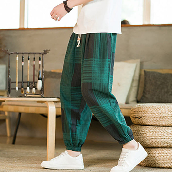 Pantalon sarouel d'été en coton et lin à carreaux et rayures Buddha Stones pour homme avec poches - Vert - US/UK/AU46，EU56 (5XL) - image 10