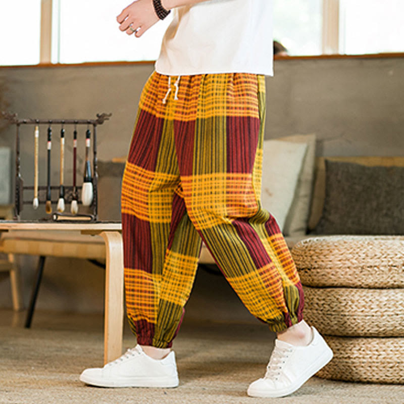 Pantalon sarouel d'été en coton et lin à carreaux et rayures Buddha Stones pour homme avec poches - Orange - US/UK/AU46，EU56 (5XL) - image 20