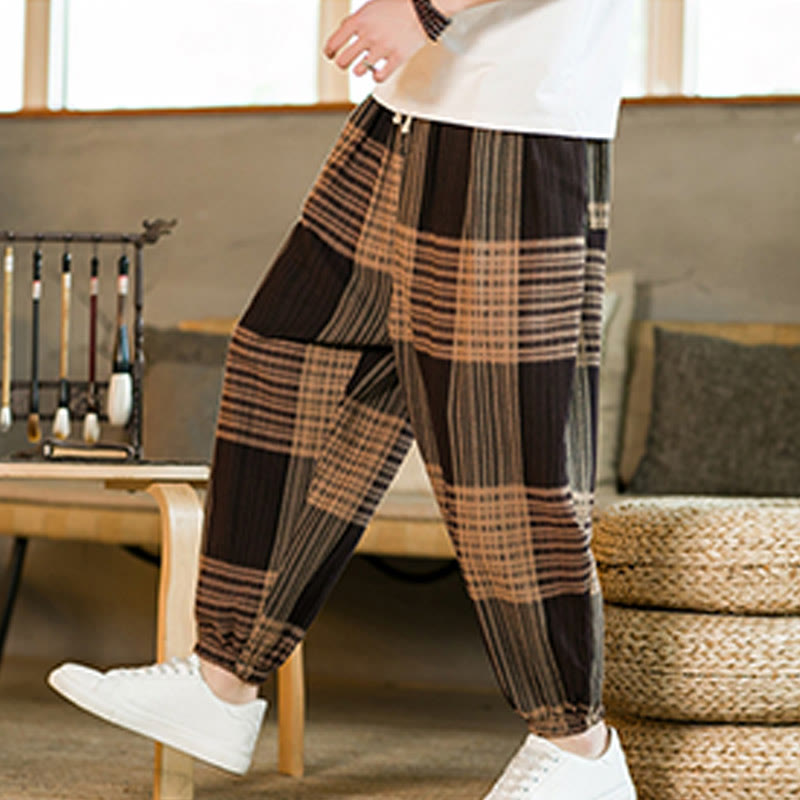 Pantalon sarouel d'été en coton et lin à carreaux et rayures Buddha Stones pour homme avec poches - image 6
