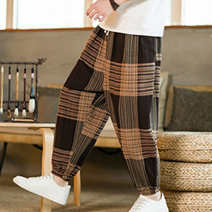 Pantalon sarouel d'été en coton et lin à carreaux et rayures Buddha Stones pour homme avec poches - image 6