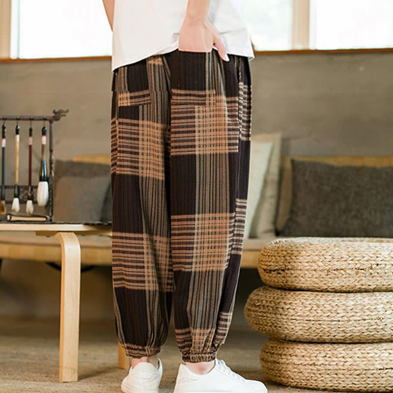 Pantalon sarouel d'été en coton et lin à carreaux et rayures Buddha Stones pour homme avec poches - image 5