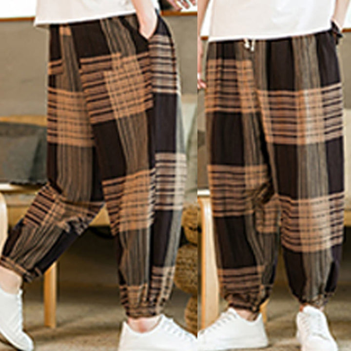 Pantalon sarouel d'été en coton et lin à carreaux et rayures Buddha Stones pour homme avec poches - image 9