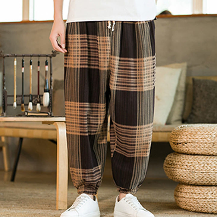 Pantalon sarouel d'été en coton et lin à carreaux et rayures Buddha Stones pour homme avec poches - image 8
