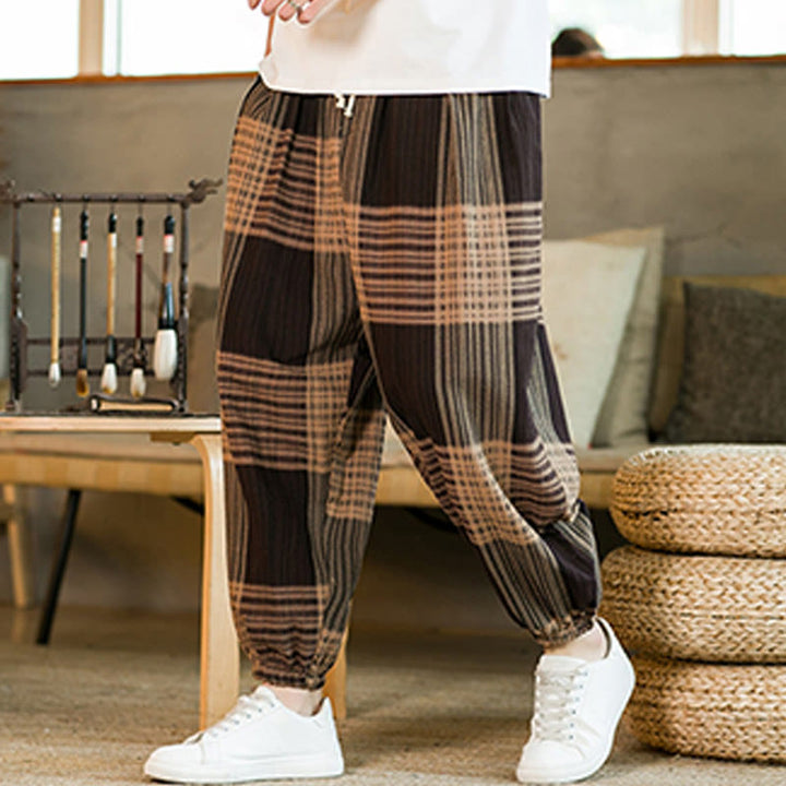 Pantalon sarouel d'été en coton et lin à carreaux et rayures Buddha Stones pour homme avec poches - image 2