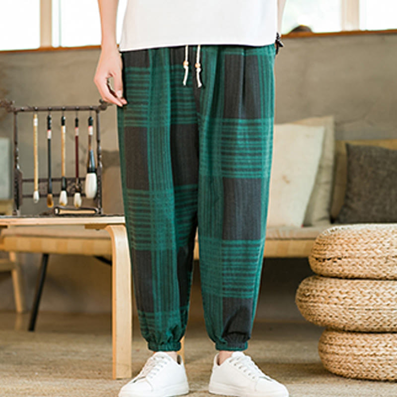 Pantalon sarouel d'été en coton et lin à carreaux et rayures Buddha Stones pour homme avec poches - image 15