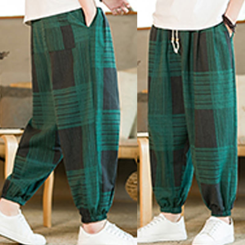 Pantalon sarouel d'été en coton et lin à carreaux et rayures Buddha Stones pour homme avec poches - image 19