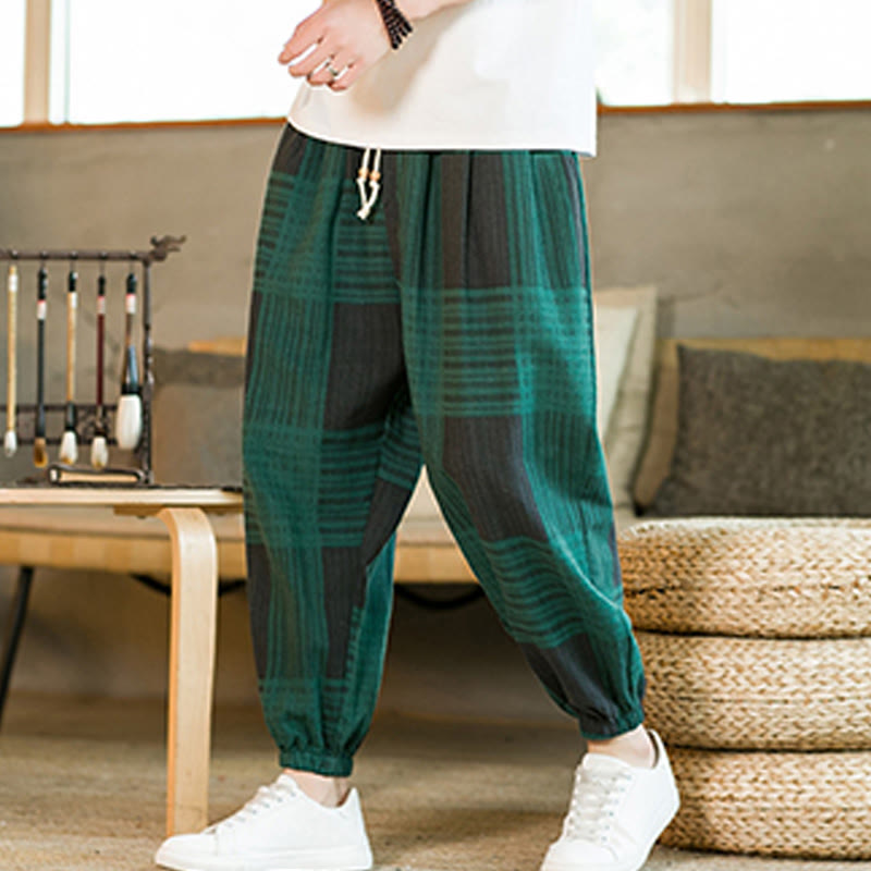 Pantalon sarouel d'été en coton et lin à carreaux et rayures Buddha Stones pour homme avec poches - image 11