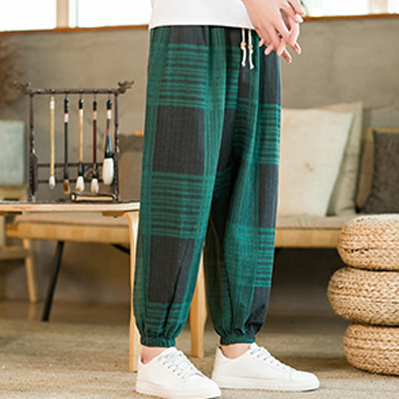 Pantalon sarouel d'été en coton et lin à carreaux et rayures Buddha Stones pour homme avec poches - image 12