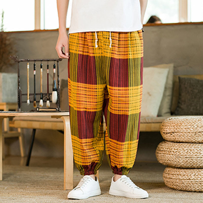 Pantalon sarouel d'été en coton et lin à carreaux et rayures Buddha Stones pour homme avec poches - image 21